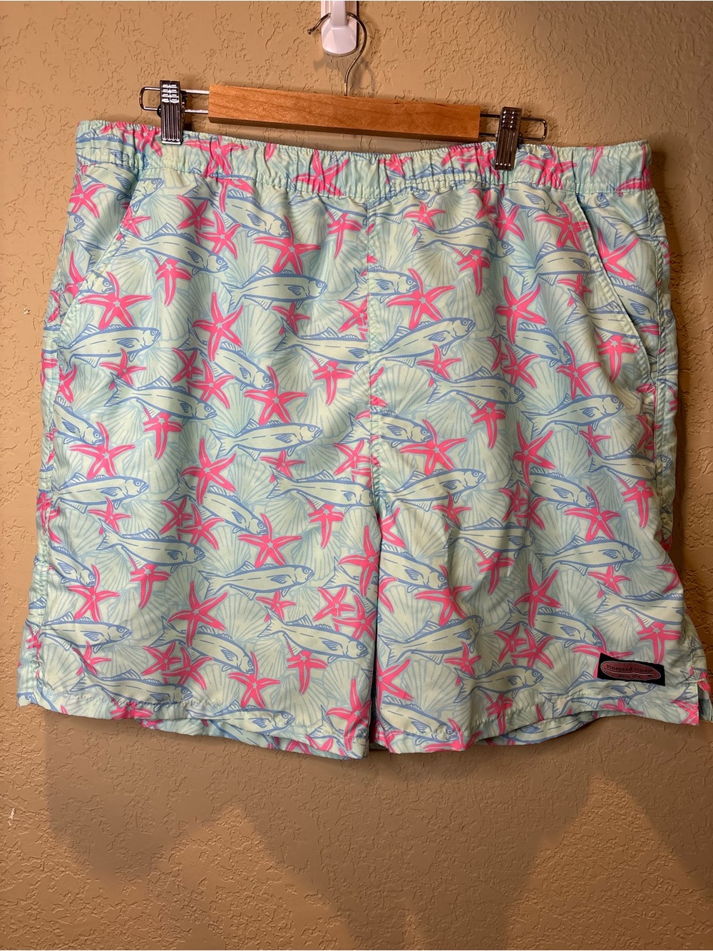 Vineyard Vines Light Green Swim Trunks with Pink Starfish and Blue Fish